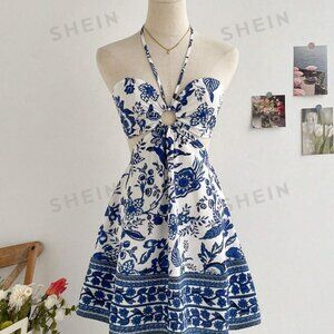 SHEIN WYWH Blue & White Flower Printed Halter Neck Hollow Out Cinched Waist Roma